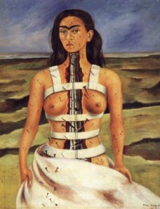 self portrait of Frida wearing a white brake-like aparattus that wraps around her chest and torso four time and come over her shoulders. A broken cement column is in place of her spine going from her neck to her waitst, a sheet covers her naked body from the waist down.  There are metal nails nailed into her on her skin and the white sheet, her breasts are exposed and she is crying, though her expression is stoic.   