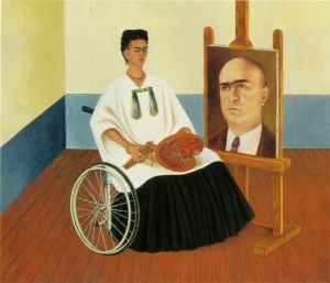 in this painting, frida is in her wheelchair, next to a portrait of Dr. Farill.  She is dressed in a white top and black long skirt and holds her paint brushes in one hand and her palette in the other.