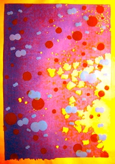 abstract painting with yellow, purple, pink and red spots.