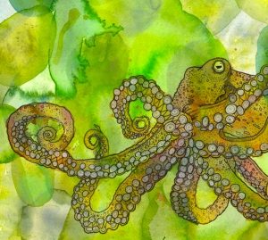 water color painting of an octopus done in greens, yellows, oranges and pinks.